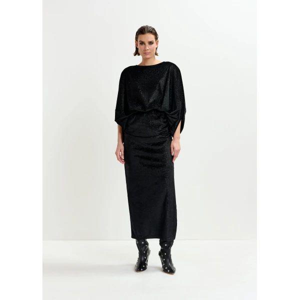 Essentiel Antwerp Black maxi dress with cape-like sleeves, view 4