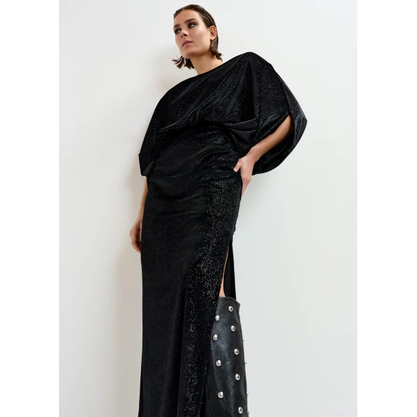 Essentiel Antwerp Black maxi dress with cape-like sleeves, view 5