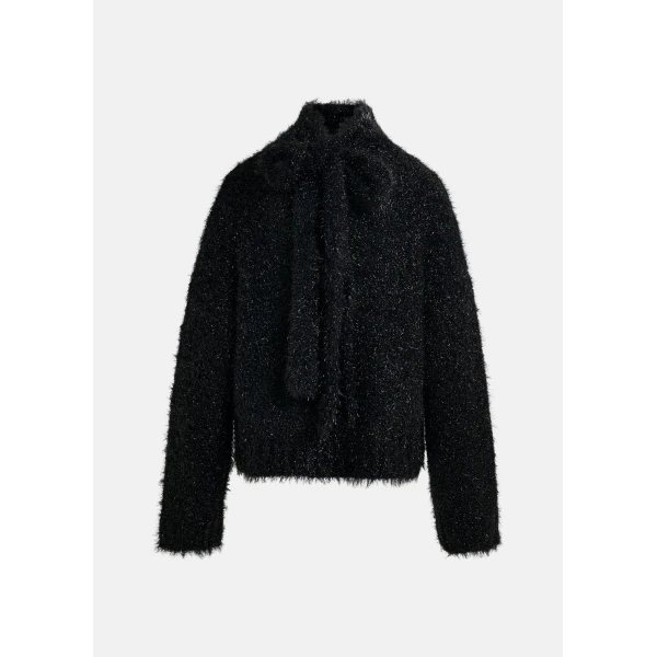 Essentiel Antwerp Black metallic mock-neck sweater with pussy-bow tie, view 2