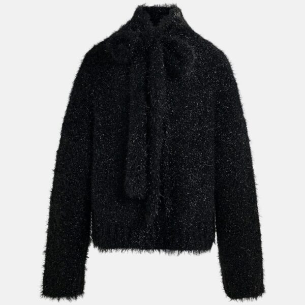 Essentiel Antwerp Black metallic mock-neck sweater with pussy-bow tie - Essentiel Antwerp Knitwear - Colorful Belgian Design - Shop at Coveti