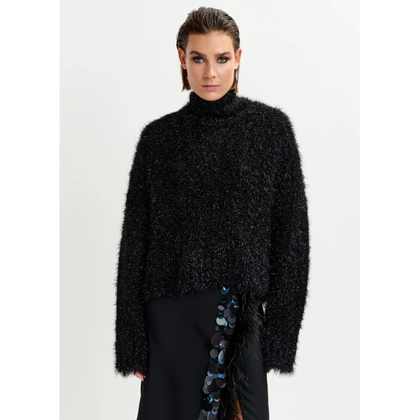 Essentiel Antwerp Black metallic mock-neck sweater with pussy-bow tie, view 3