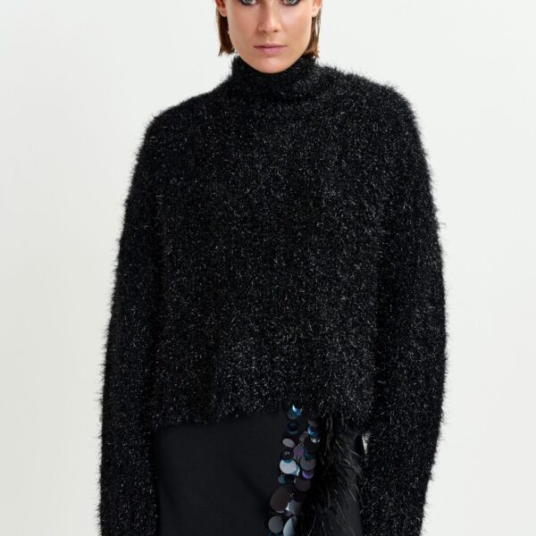 Essentiel Antwerp Black metallic mock-neck sweater with pussy-bow tie - Essentiel Antwerp Knitwear - Colorful Belgian Design - Shop at Coveti