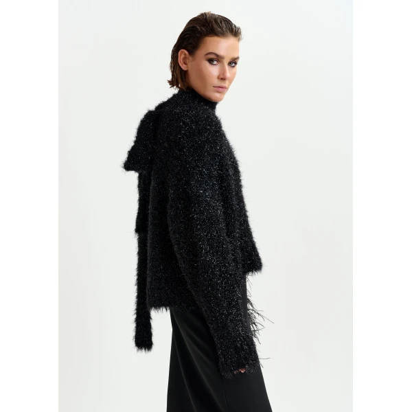 Essentiel Antwerp Black metallic mock-neck sweater with pussy-bow tie, view 4