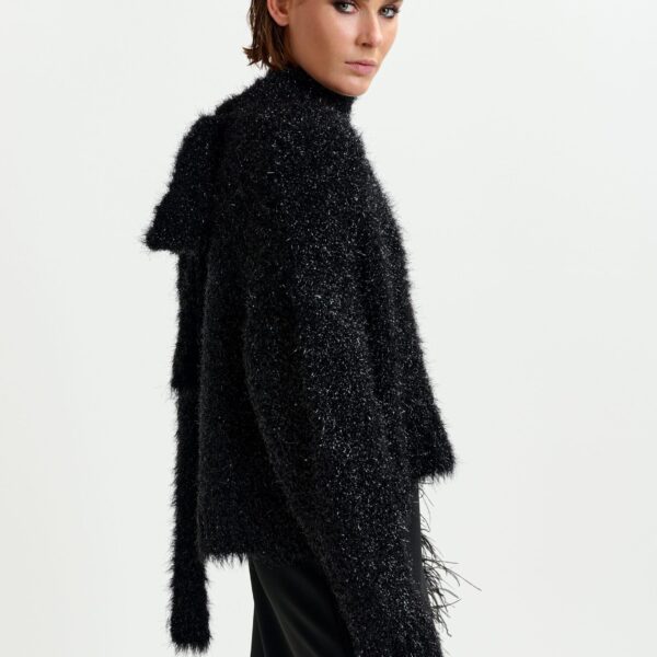 Essentiel Antwerp Black metallic mock-neck sweater with pussy-bow tie - Essentiel Antwerp Knitwear - Colorful Belgian Design - Shop at Coveti
