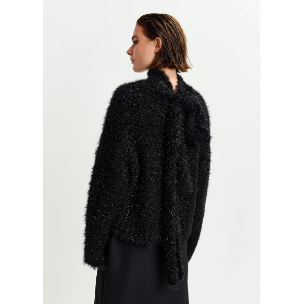 Essentiel Antwerp Black metallic mock-neck sweater with pussy-bow tie, view 5