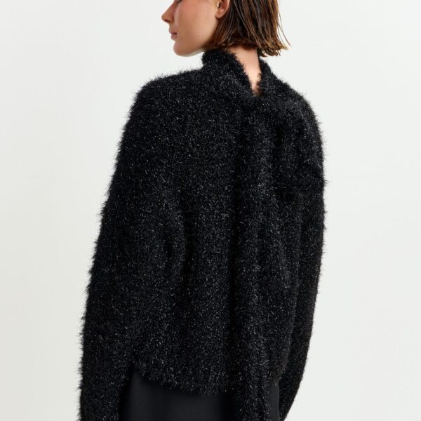 Essentiel Antwerp Black metallic mock-neck sweater with pussy-bow tie - Essentiel Antwerp Knitwear - Colorful Belgian Design - Shop at Coveti