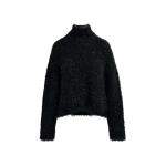 Essentiel Antwerp Black metallic mock-neck sweater with pussy-bow tie - Essentiel Antwerp Knitwear - Colorful Belgian Design - Shop at Coveti