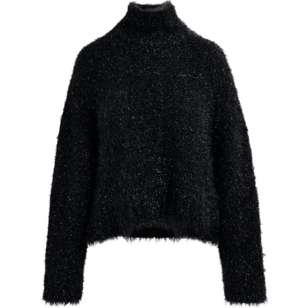 Essentiel Antwerp Black metallic mock-neck sweater with pussy-bow tie - Essentiel Antwerp Knitwear - Colorful Belgian Design - Shop at Coveti