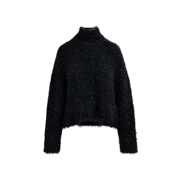 Essentiel Antwerp Black metallic mock-neck sweater with pussy-bow tie - Essentiel Antwerp Knitwear - Colorful Belgian Design - Shop at Coveti