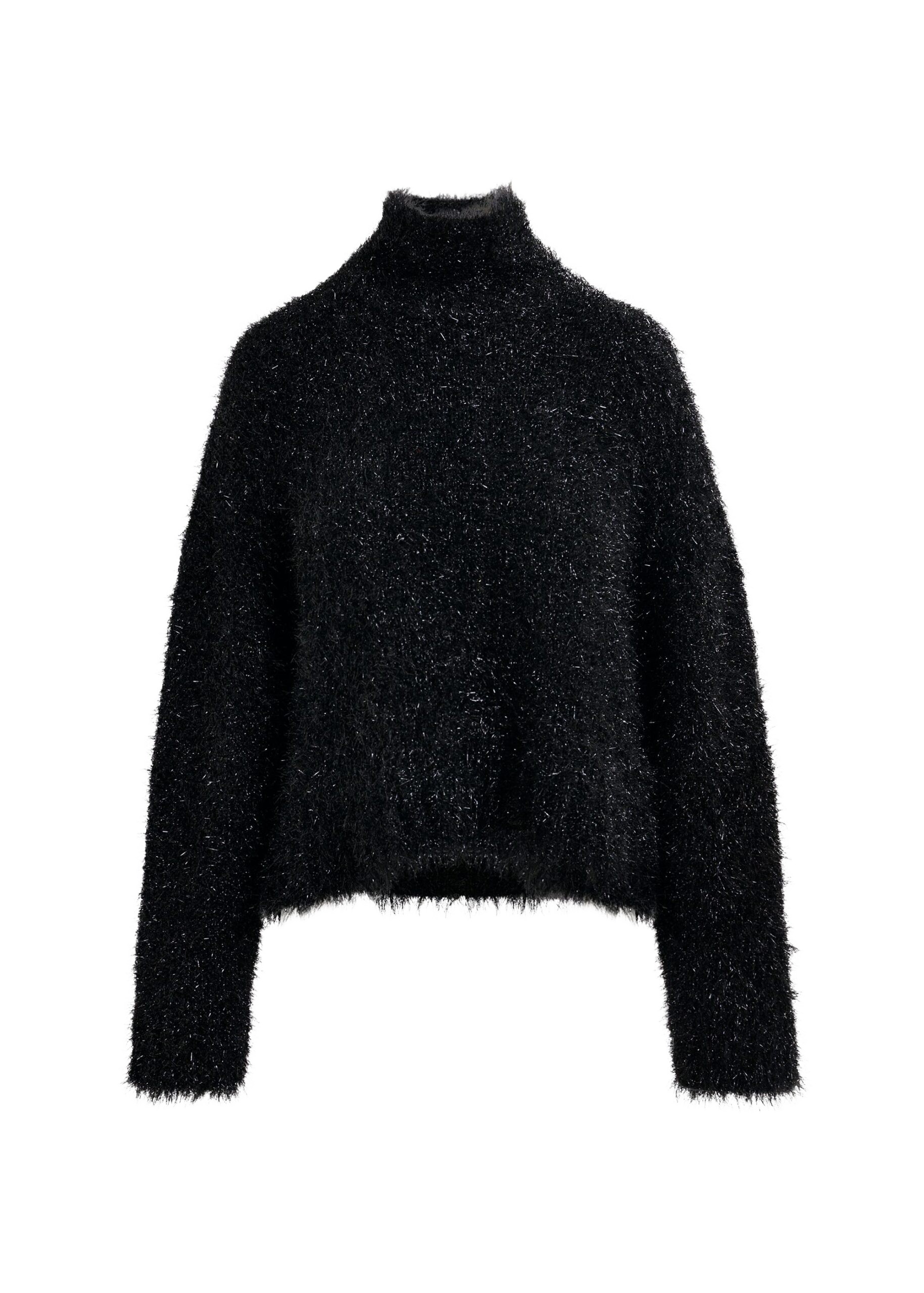 Essentiel Antwerp Black metallic mock-neck sweater with pussy-bow tie - Essentiel Antwerp Knitwear - Colorful Belgian Design - Shop at Coveti