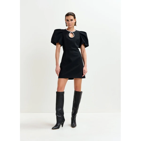 Essentiel Antwerp Black mini dress with puff sleeves and rhinestone-embellished keyhole neckline, view 2