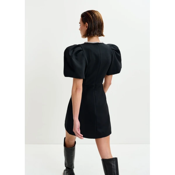 Essentiel Antwerp Black mini dress with puff sleeves and rhinestone-embellished keyhole neckline, view 3