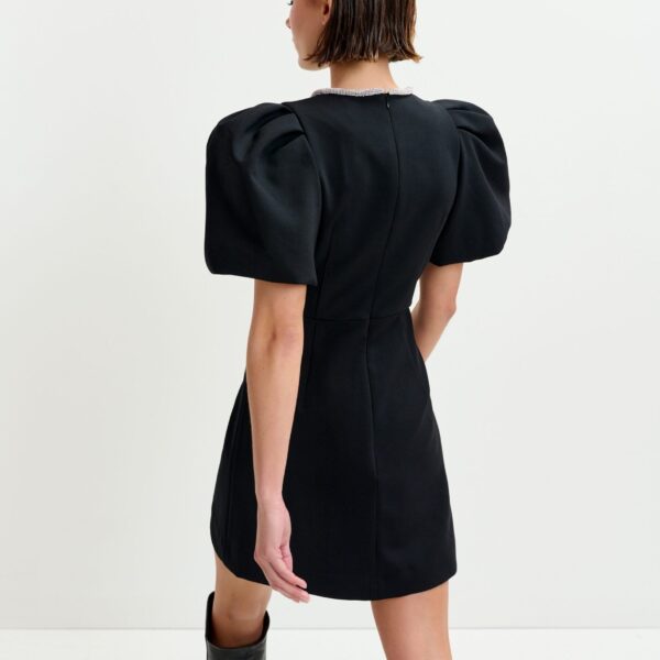 Essentiel Antwerp Black mini dress with puff sleeves and rhinestone-embellished keyhole neckline - Essentiel Antwerp Dresses - Colorful Belgian Design - Shop at Coveti