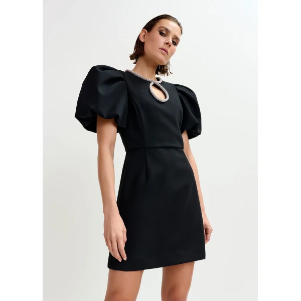 Essentiel Antwerp Black mini dress with puff sleeves and rhinestone-embellished keyhole neckline, view 4