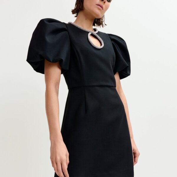 Essentiel Antwerp Black mini dress with puff sleeves and rhinestone-embellished keyhole neckline - Essentiel Antwerp Dresses - Colorful Belgian Design - Shop at Coveti