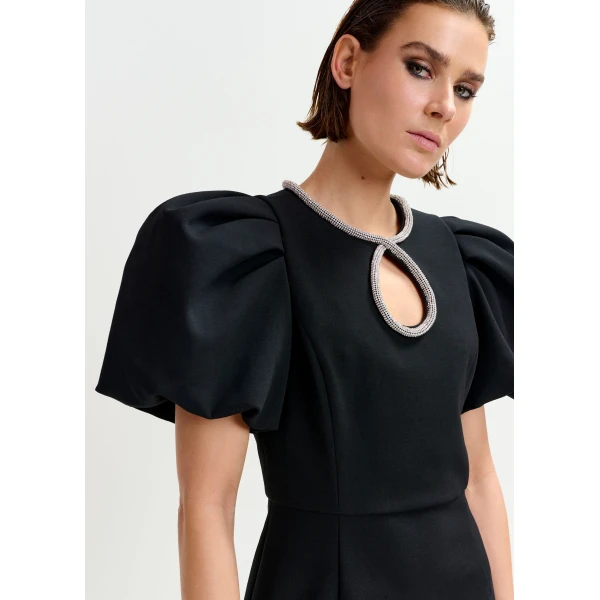 Essentiel Antwerp Black mini dress with puff sleeves and rhinestone-embellished keyhole neckline, view 5