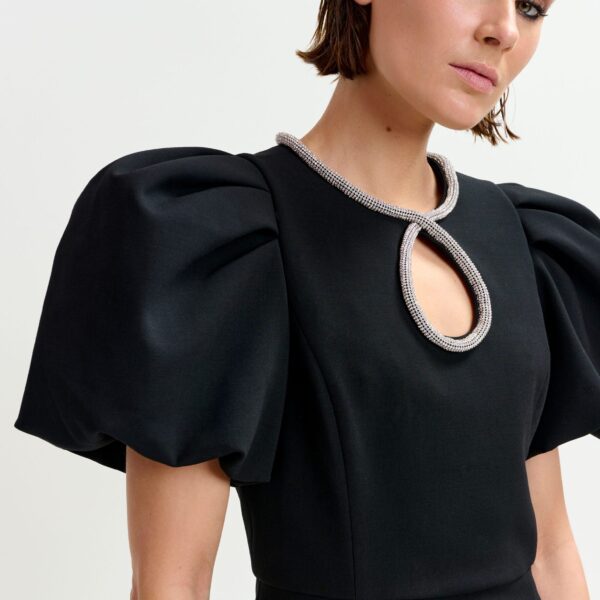 Essentiel Antwerp Black mini dress with puff sleeves and rhinestone-embellished keyhole neckline - Essentiel Antwerp Dresses - Colorful Belgian Design - Shop at Coveti