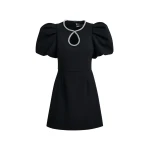 Essentiel Antwerp Black mini dress with puff sleeves and rhinestone-embellished keyhole neckline - Essentiel Antwerp Dresses - Colorful Belgian Design - Shop at Coveti