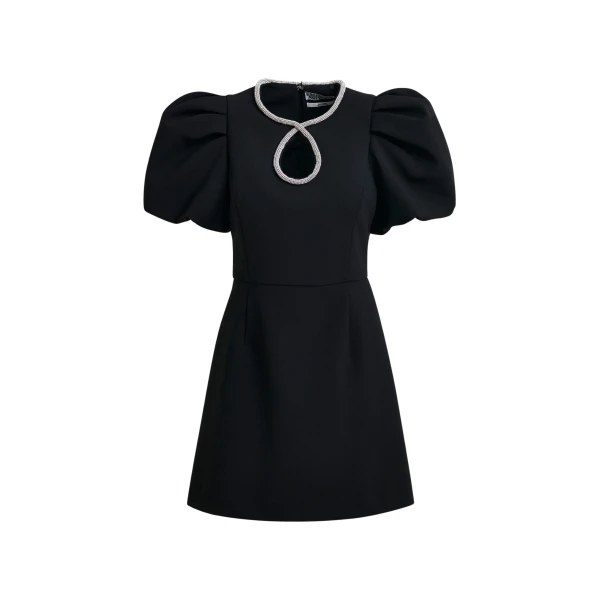 Essentiel Antwerp Black mini dress with puff sleeves and rhinestone-embellished keyhole neckline - Essentiel Antwerp Dresses - Colorful Belgian Design - Shop at Coveti