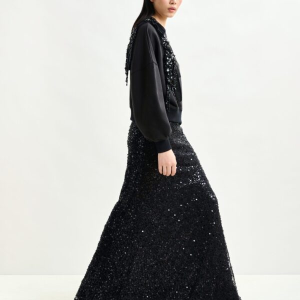 Essentiel Antwerp Black panelled maxi skirt with sequin and bead embellishments - Essentiel Antwerp Skirts - Colorful Belgian Design - Shop at Coveti