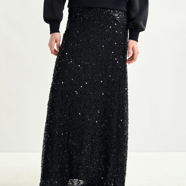 Essentiel Antwerp Black panelled maxi skirt with sequin and bead embellishments - Essentiel Antwerp Skirts - Colorful Belgian Design - Shop at Coveti