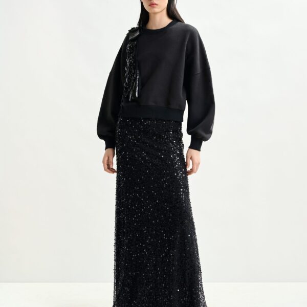 Essentiel Antwerp Black panelled maxi skirt with sequin and bead embellishments - Essentiel Antwerp Skirts - Colorful Belgian Design - Shop at Coveti