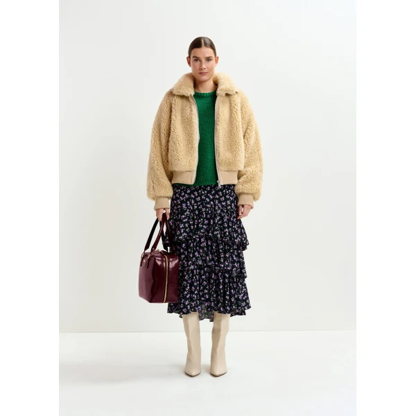 Essentiel Antwerp Black, purple and green asymmetrical layered midi skirt, view 2