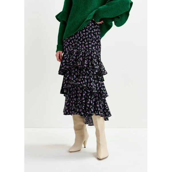 Essentiel Antwerp Black, purple and green asymmetrical layered midi skirt, view 3