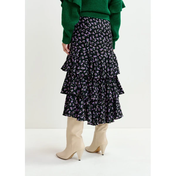 Essentiel Antwerp Black, purple and green asymmetrical layered midi skirt, view 4