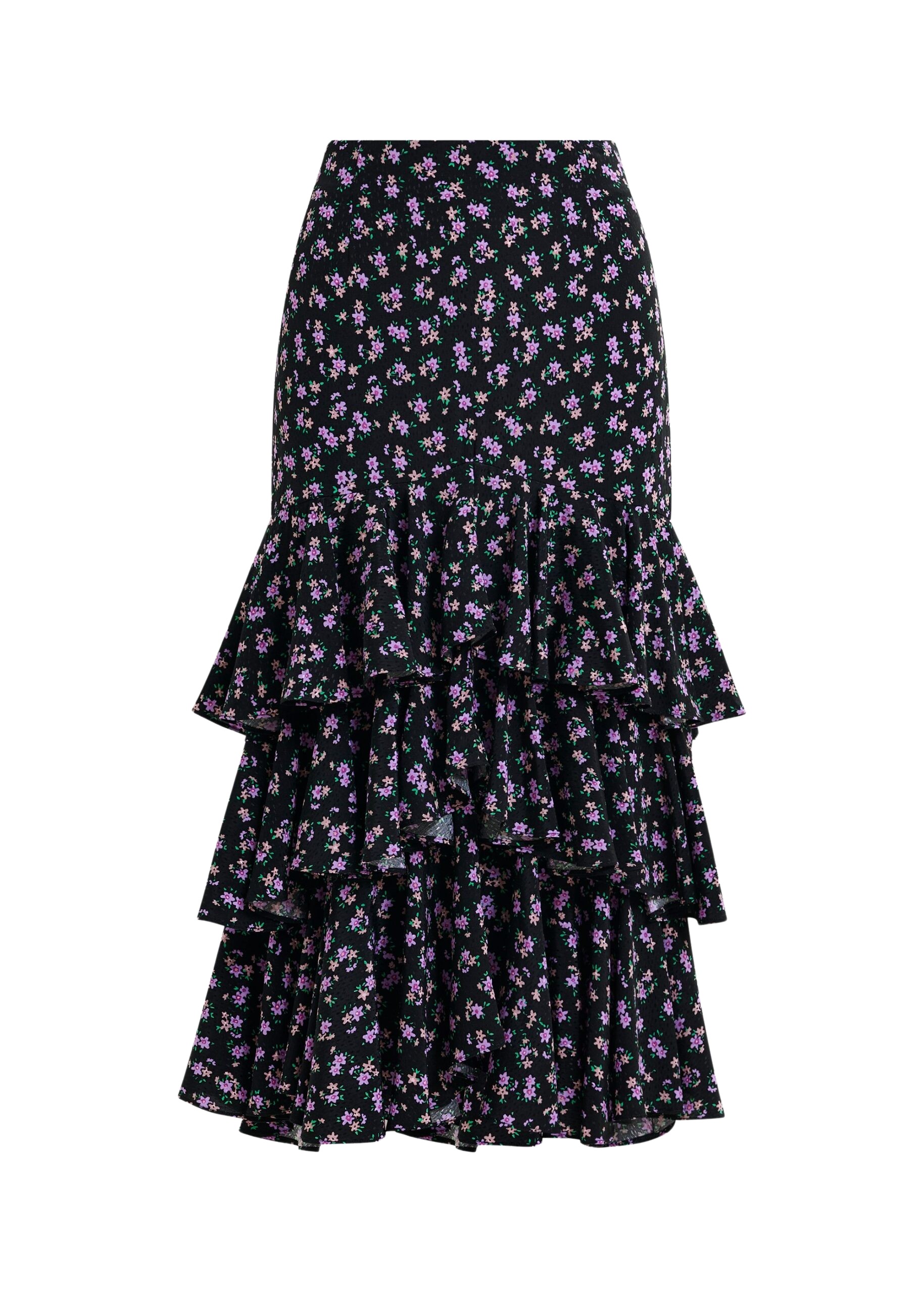 Essentiel Antwerp Black, purple and green asymmetrical layered midi skirt