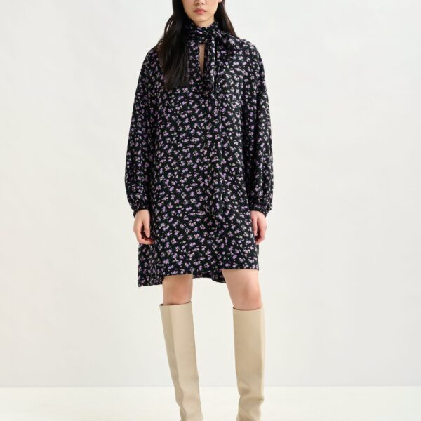 purple and green flowerprint mini dress with pussy bow tie - Essentiel Antwerp Dresses - Colorful Belgian Design - Shop at Coveti