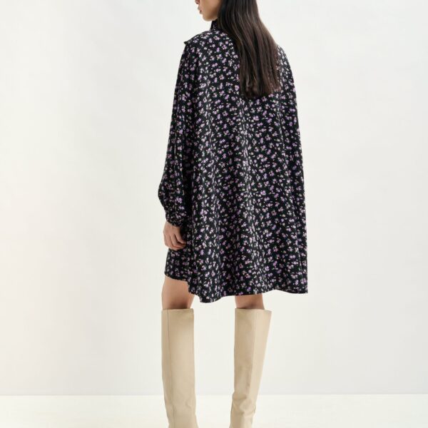 purple and green flowerprint mini dress with pussy bow tie - Essentiel Antwerp Dresses - Colorful Belgian Design - Shop at Coveti