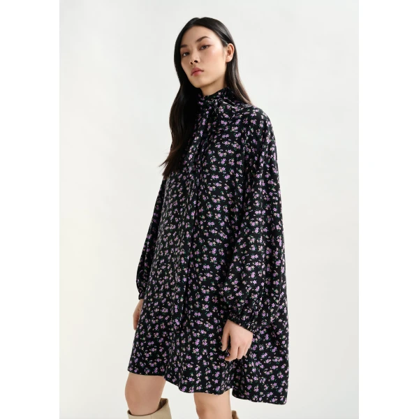 Essentiel Antwerp Black, purple and green flowerprint mini dress with pussy bow tie, view 5