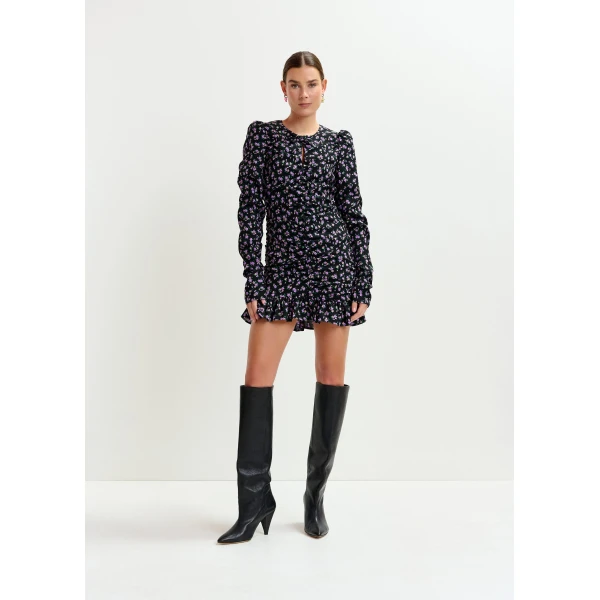 Essentiel Antwerp Black, purple and green ruched printed mini dress, view 2