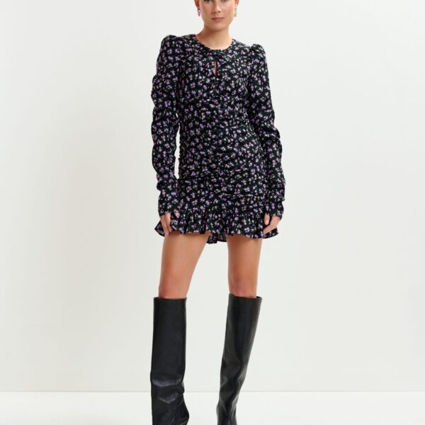 purple and green ruched printed mini dress - Essentiel Antwerp Dresses - Colorful Belgian Design - Shop at Coveti