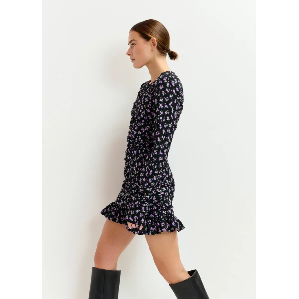 Essentiel Antwerp Black, purple and green ruched printed mini dress, view 3