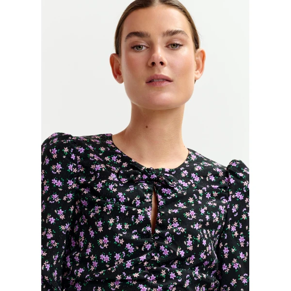 Essentiel Antwerp Black, purple and green ruched printed mini dress, view 5