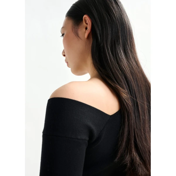 Essentiel Antwerp Black rib-knitted sweater with asymmetric neckline, view 4