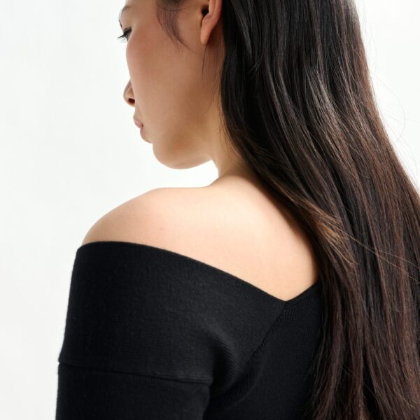 Essentiel Antwerp Black rib-knitted sweater with asymmetric neckline - Essentiel Antwerp Knitwear - Colorful Belgian Design - Shop at Coveti