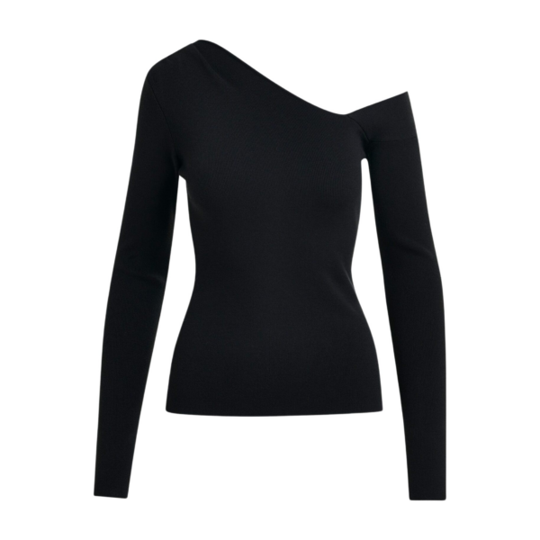 Essentiel Antwerp Black rib-knitted sweater with asymmetric neckline - Essentiel Antwerp Knitwear - Colorful Belgian Design - Shop at Coveti