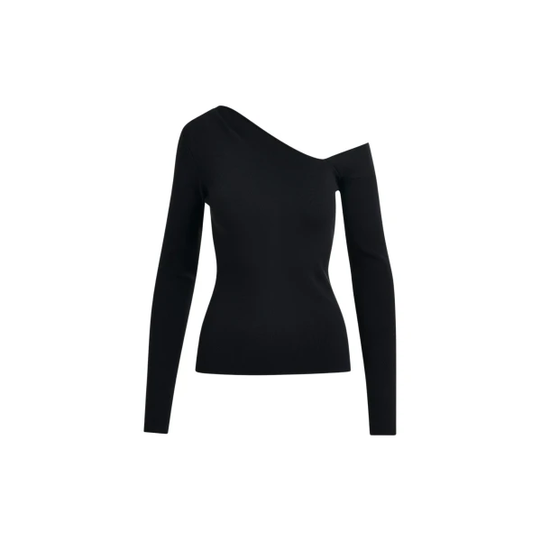 Essentiel Antwerp Black rib-knitted sweater with asymmetric neckline - Essentiel Antwerp Knitwear - Colorful Belgian Design - Shop at Coveti