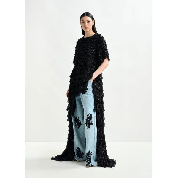 Essentiel Antwerp Black ruffled maxi dress with asymmetric hemline, view 2