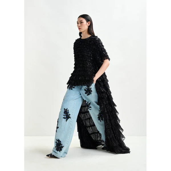 Essentiel Antwerp Black ruffled maxi dress with asymmetric hemline, view 3