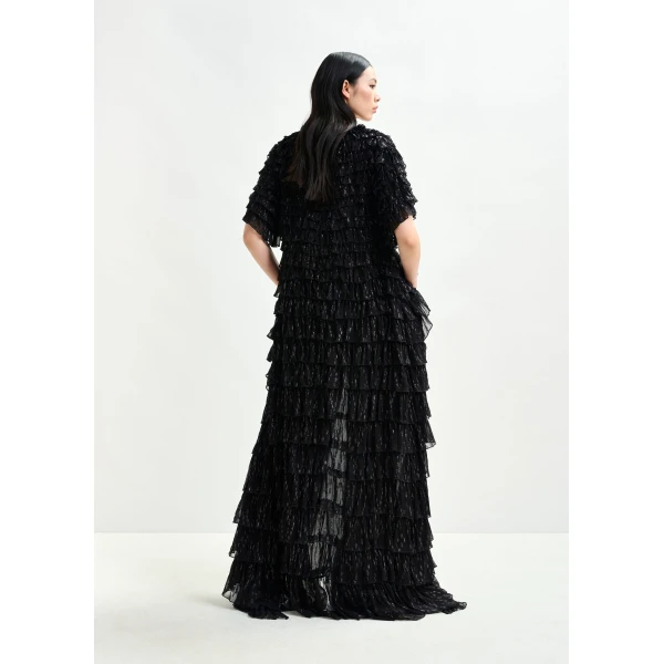 Essentiel Antwerp Black ruffled maxi dress with asymmetric hemline, view 4
