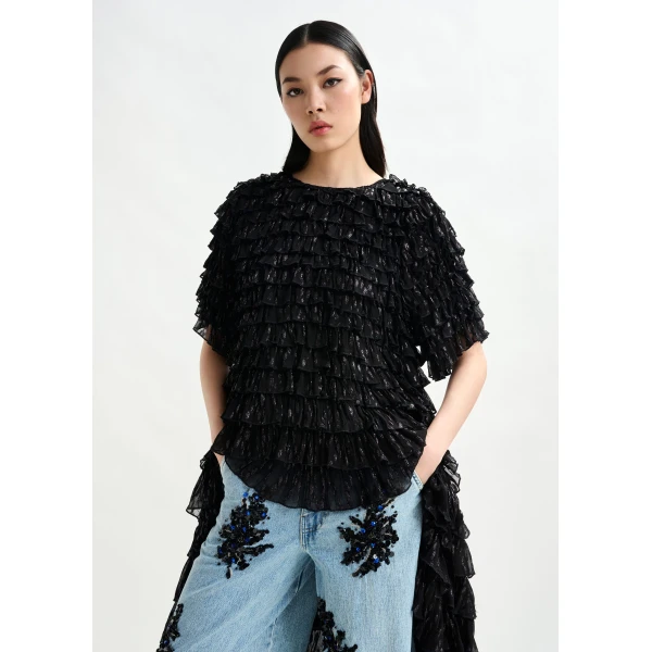 Essentiel Antwerp Black ruffled maxi dress with asymmetric hemline, view 5