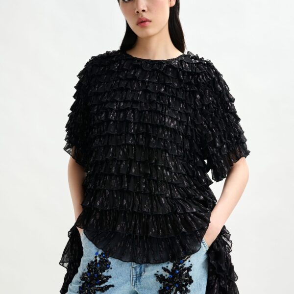 Essentiel Antwerp Black ruffled maxi dress with asymmetric hemline - Essentiel Antwerp Dresses - Colorful Belgian Design - Shop at Coveti