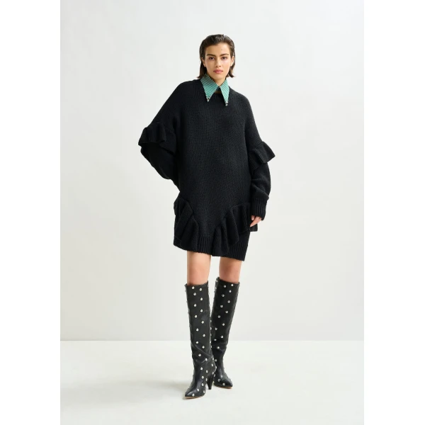Essentiel Antwerp Black ruffled wool-blend knit mini dress, view 2