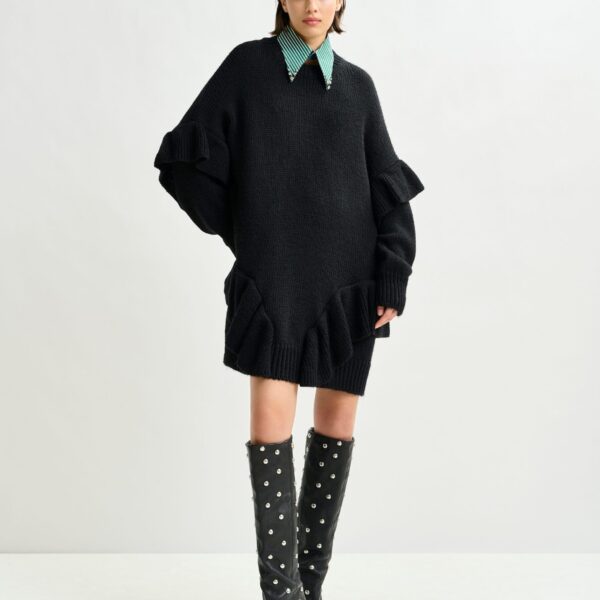 Essentiel Antwerp Black ruffled wool-blend knit mini dress - Essentiel Antwerp Dresses - Colorful Belgian Design - Shop at Coveti