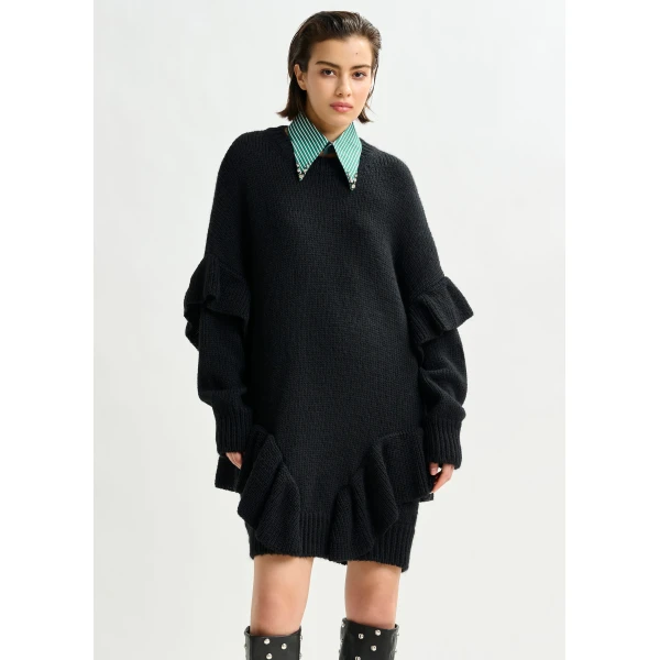 Essentiel Antwerp Black ruffled wool-blend knit mini dress, view 3