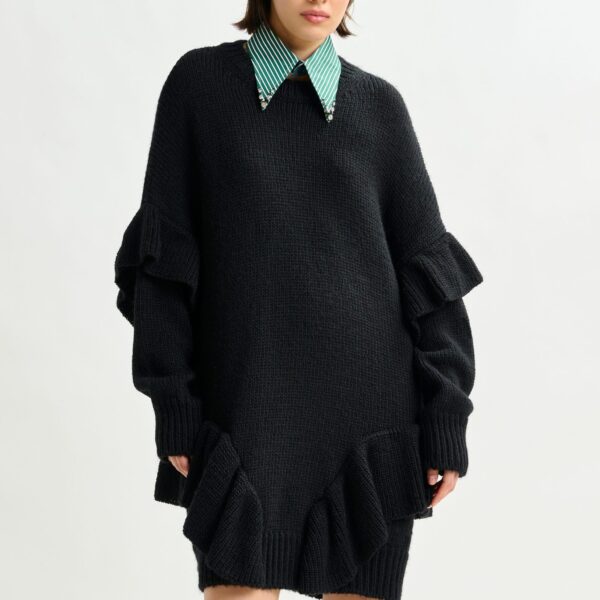 Essentiel Antwerp Black ruffled wool-blend knit mini dress - Essentiel Antwerp Dresses - Colorful Belgian Design - Shop at Coveti
